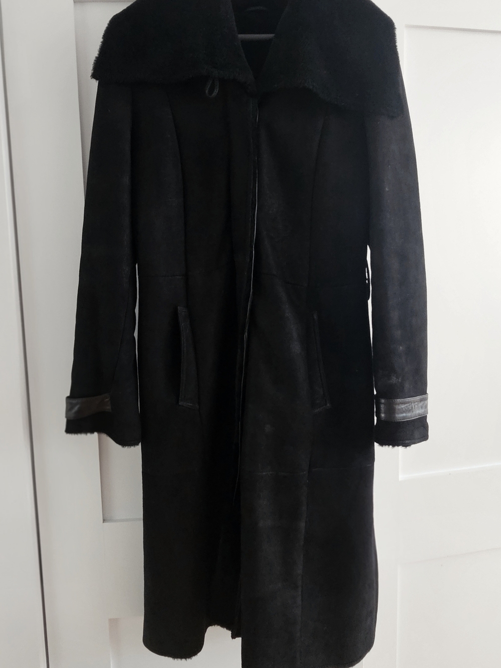 Cole Haan Collection Black Suede Genuine Lambskin Shearling Long Coat Jacket M